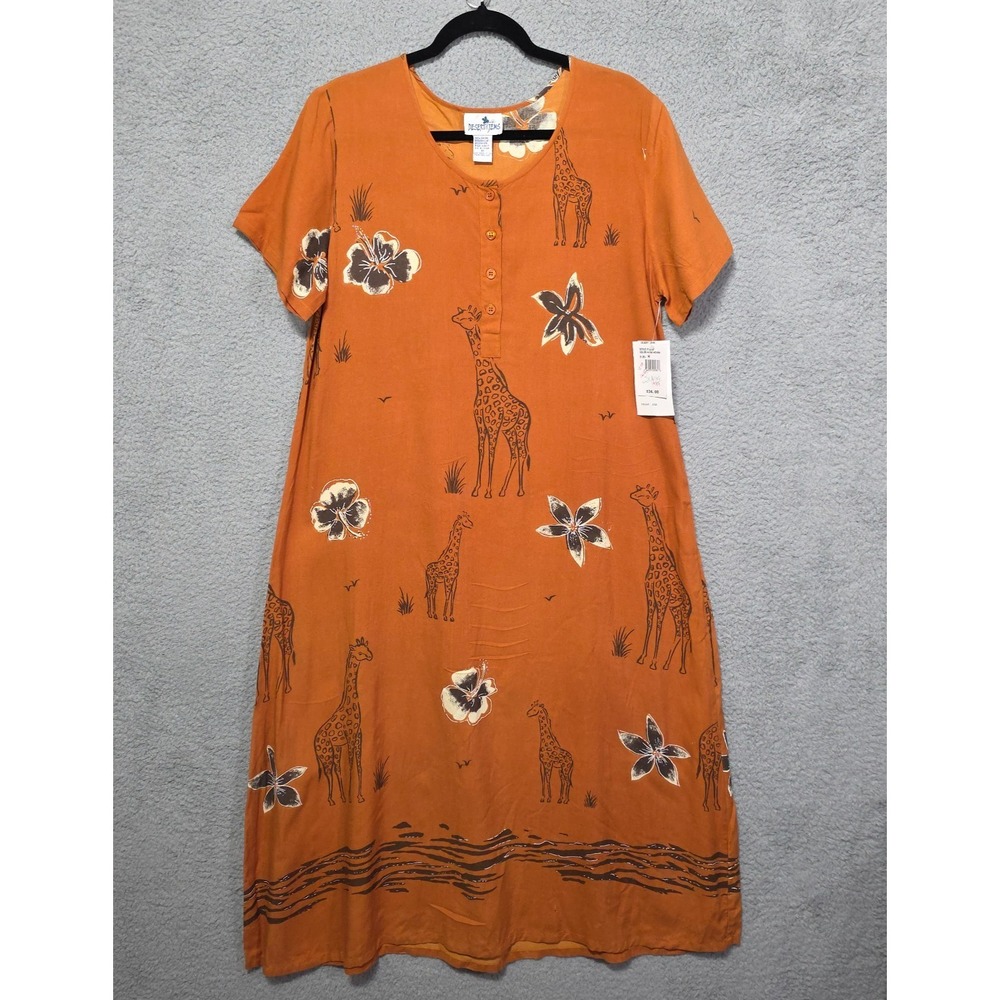 Vintage Desert Items Rayon‎ Maxi Dress African Safari Orange Medium 90s NWT